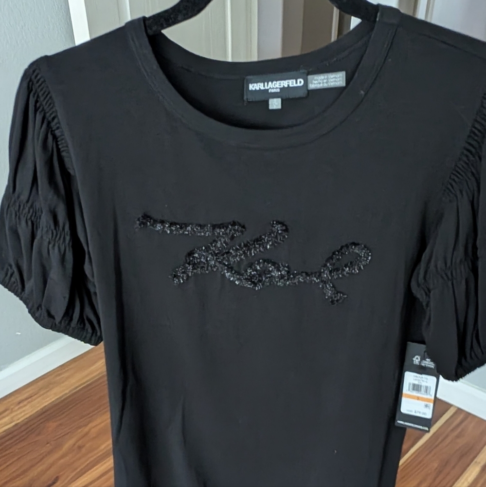 Karl Lagerfeld Paris Puff Sleeve Sparkle Logo Shirt Size Small Nwt ❤️